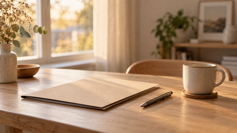 Dossier fermé posé sur une table près d'une fenêtre