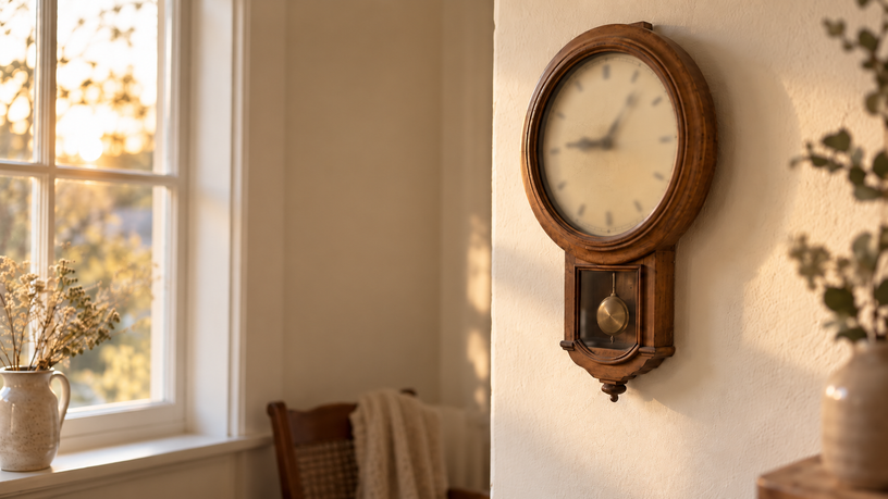 Pendule murale ancienne près d'une fenêtre — le temps qui passe