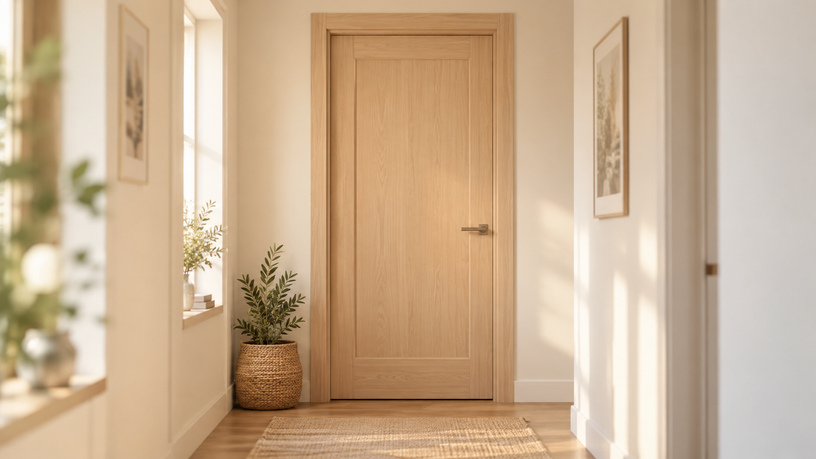 Porte fermée dans un couloir lumineux — une limite posée