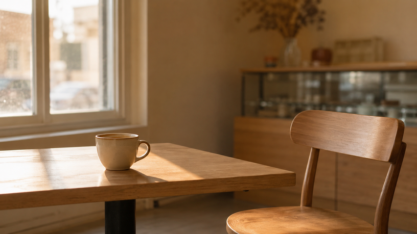 Table de café près d'une fenêtre avec une chaise vide