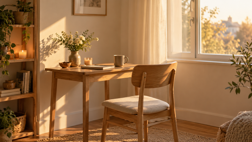 Une chaise seule devant une table près d'une fenêtre