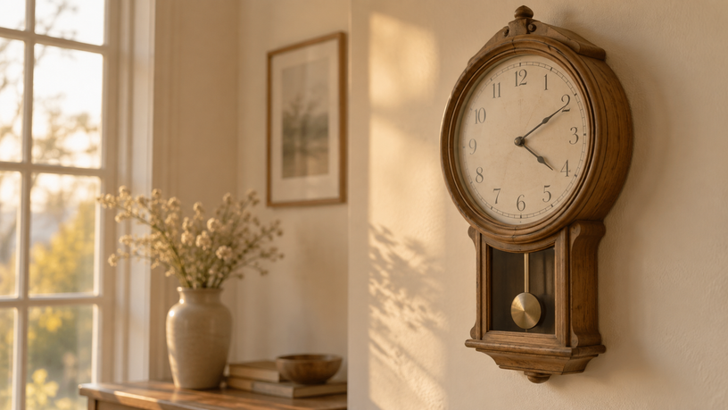Horloge murale ancienne près d'une fenêtre — le bon moment pour consulter