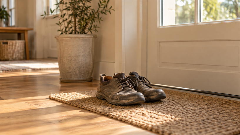 Chaussures de travail posées près d'une porte — le seuil d'un changement