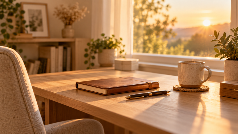 Bureau en bois clair près d'une fenêtre — articles sur le travail et les finances