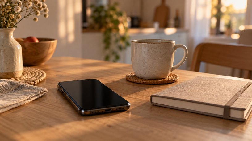 Téléphone posé sur une table de cuisine le soir