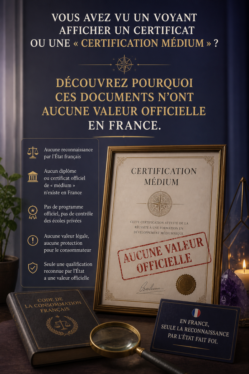 Certification médium voyant sans valeur officielle France attention arnaque
