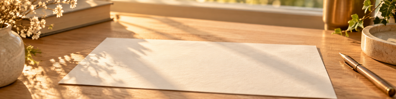 Feuille de papier ivoire vierge sur un plan de travail en bois clair