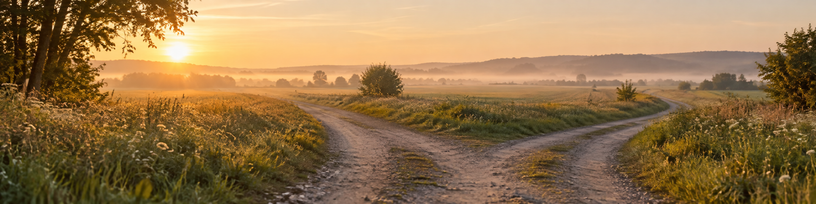 Chemin de campagne qui se divise en deux au petit matin