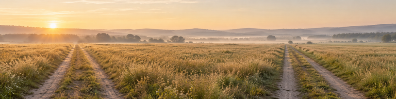 Deux chemins parallèles traversant un pré au petit matin