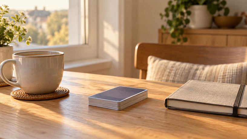 Cartes, tasse et carnet posés sur une table en bois clair
