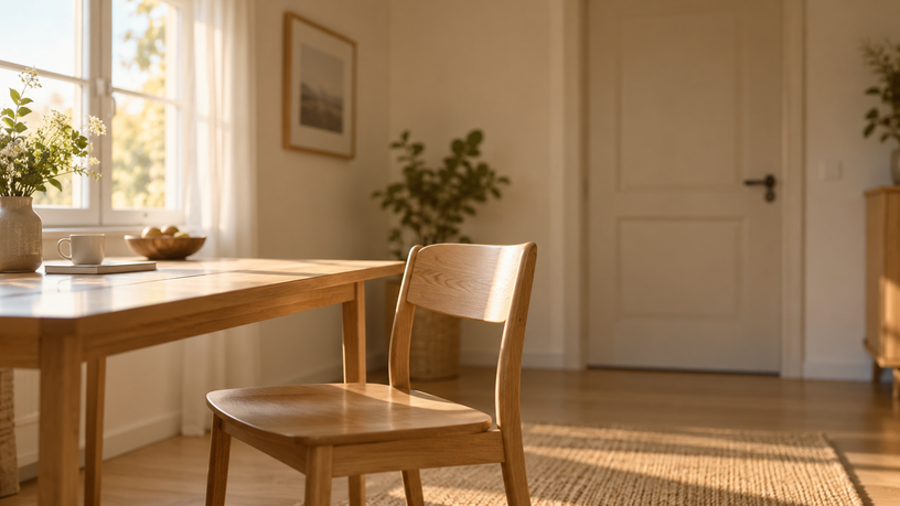 Chaise seule devant une table, porte fermée à l'arrière-plan