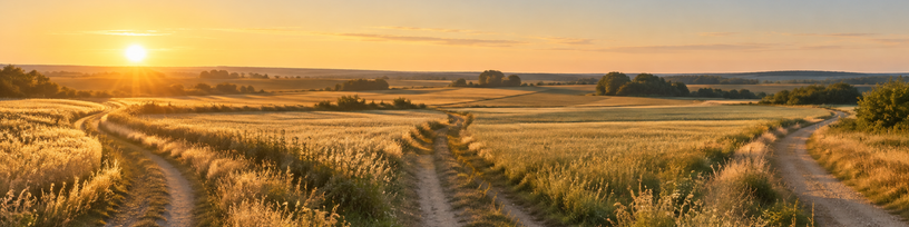 Plusieurs chemins distincts traversant une plaine au petit matin