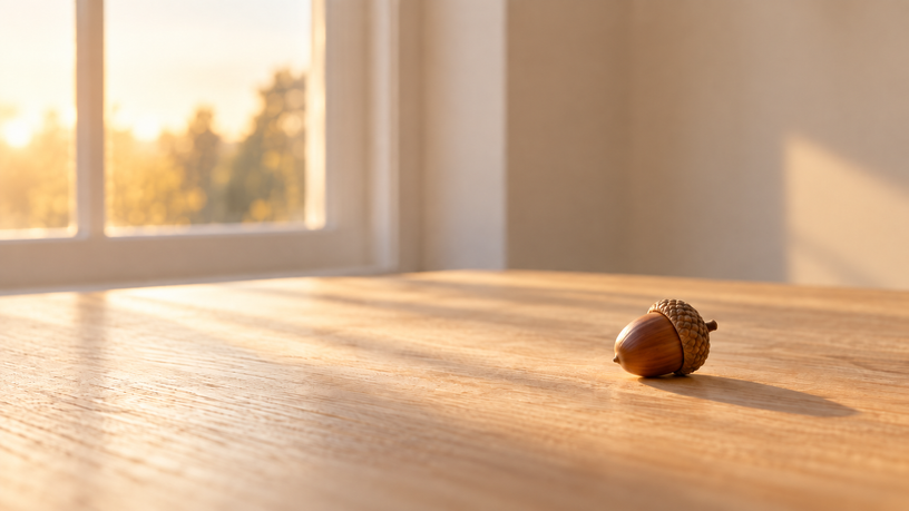 Un gland posé sur une table en bois clair