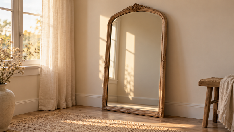 Miroir ancien posé contre un mur clair près d'une fenêtre