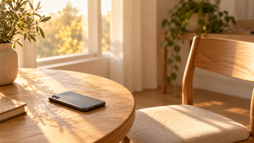 Téléphone posé écran vers le bas sur une table en bois clair