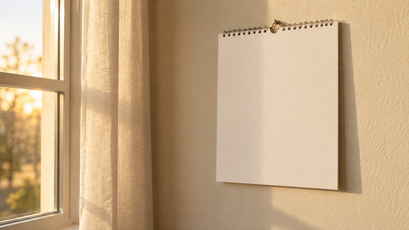 Calendrier mural vierge accroché près d'une fenêtre