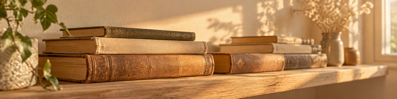 Rangée de livres anciens sur une étagère en bois clair