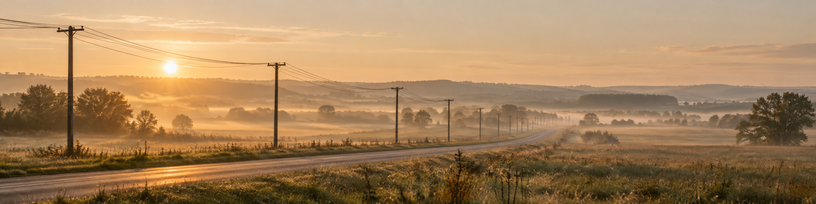 Poteaux téléphoniques le long d'une route de campagne au petit matin