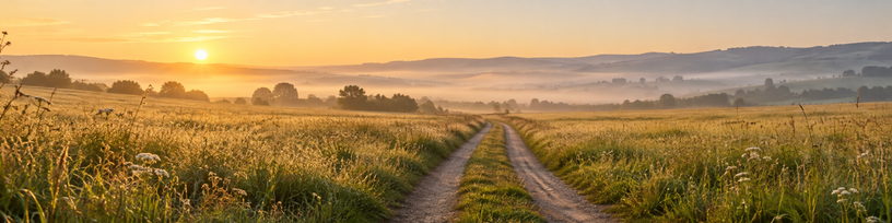 Chemin de campagne bien tracé traversant un pré au petit matin
