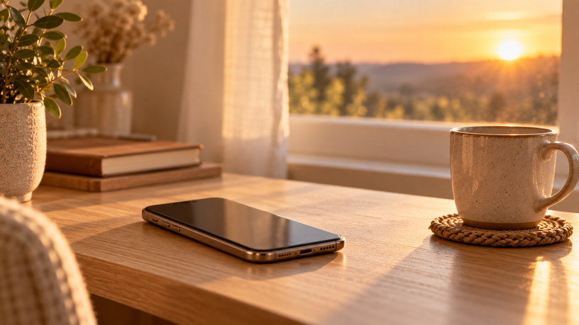Téléphone posé près d'une fenêtre en fin de journée