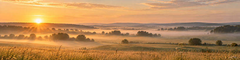 Plaine au petit matin avec une brume légère qui se dissipe