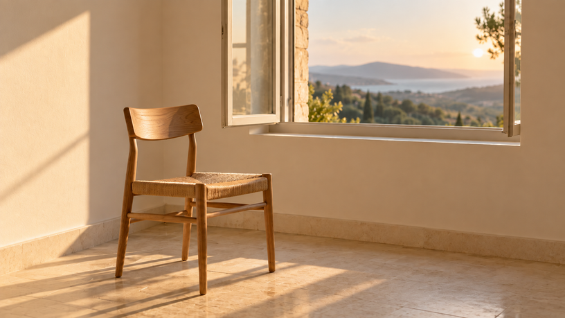 Chaise près d'une fenêtre ouverte sur un paysage lointain