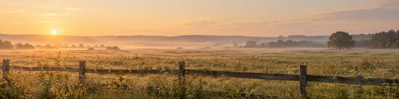 Pré au petit matin avec une clôture de bois