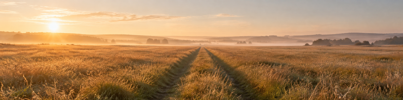 Deux chemins parallèles traversant un pré au petit matin