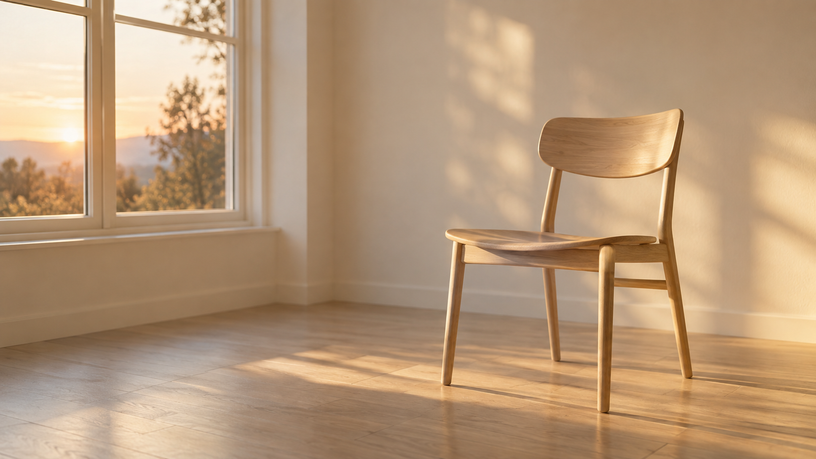 Chaise en bois clair dans une pièce en fin de journée