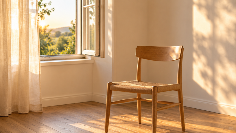 Chaise en bois clair près d'une fenêtre