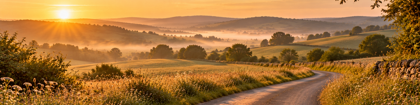 Petite route de campagne traversant des collines au petit matin