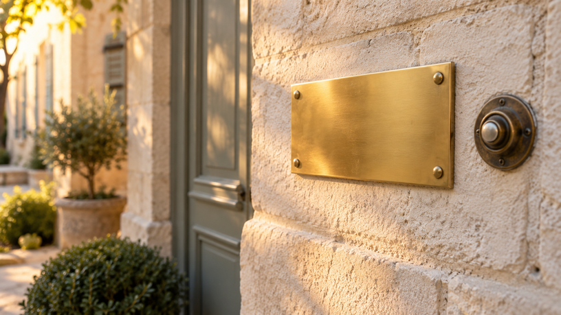 Plaque de porte en laiton sur une façade en pierre claire