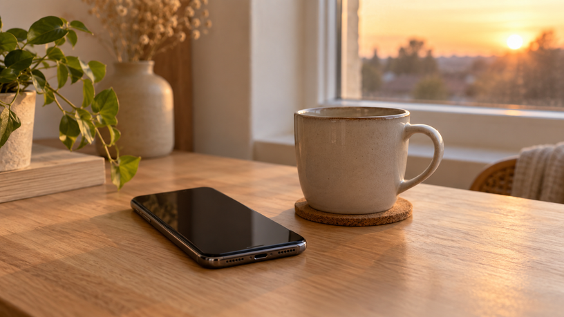 Téléphone posé près d'une fenêtre en fin de journée