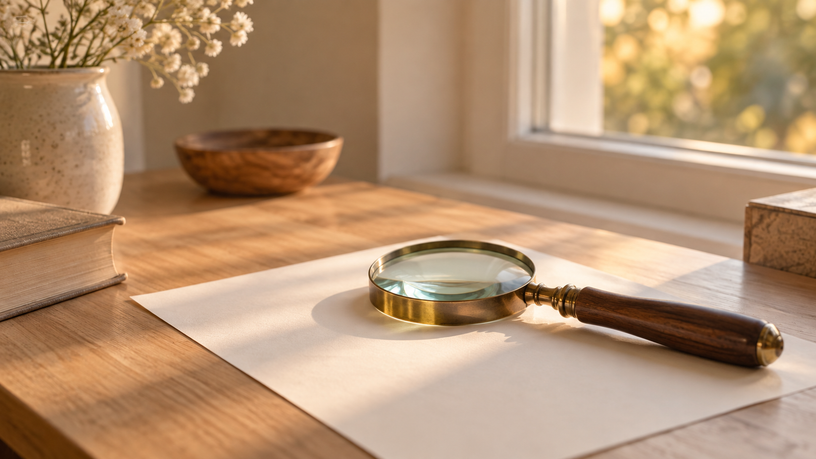 Loupe ancienne posée sur une feuille près d'une fenêtre