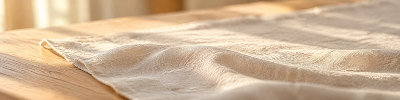 Nappe de lin écru sur une table en bois clair