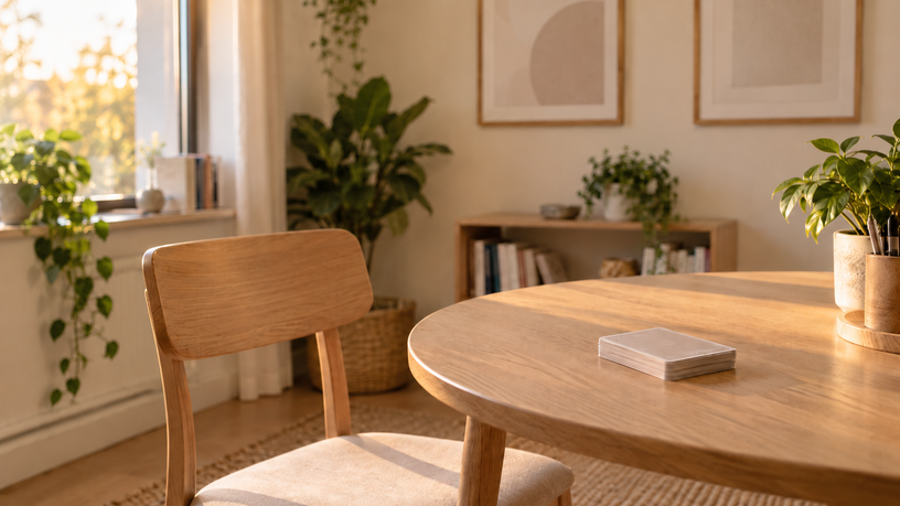 Chaise et table dans un cabinet lumineux