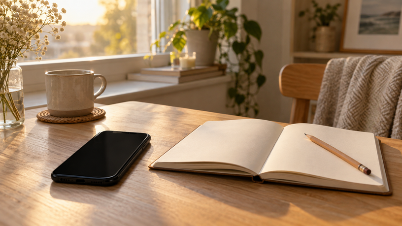 Téléphone, carnet et crayon posés près d'une fenêtre