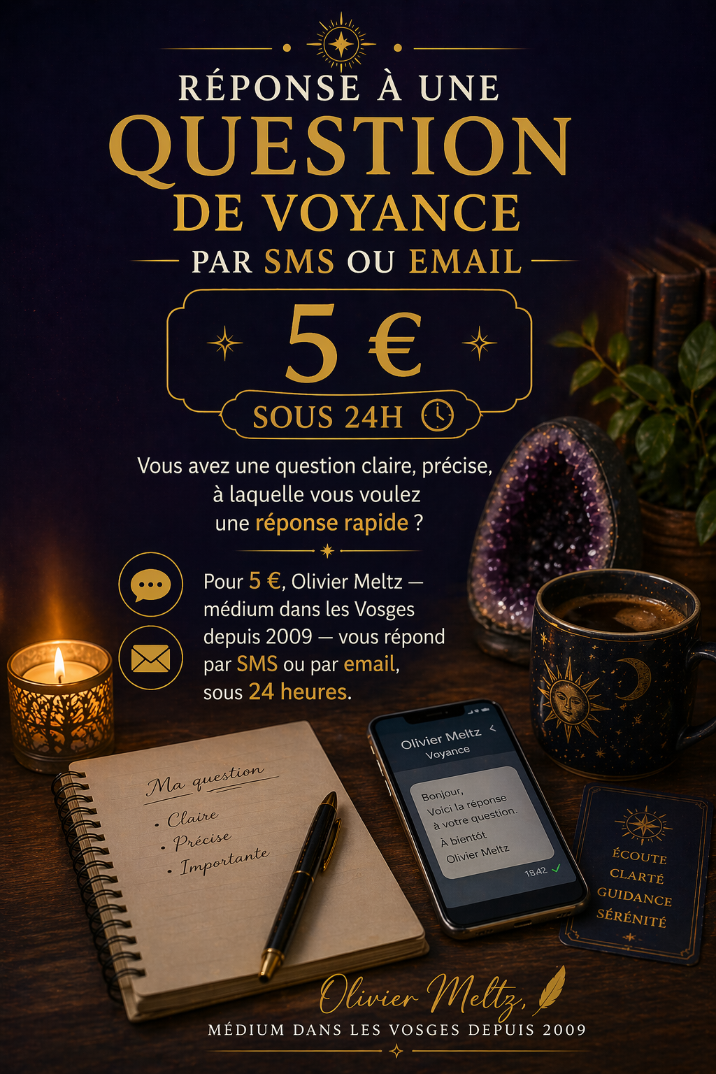 Réponse de voyance rapide par SMS ou email : pour 5 €, Olivier Meltz, médium dans les Vosges depuis 2009, apporte une réponse claire et personnalisée à une question précise en moins de 24 heures.