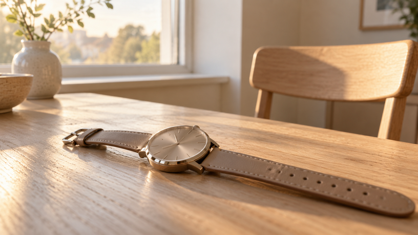 Montre posée sur une table en bois clair