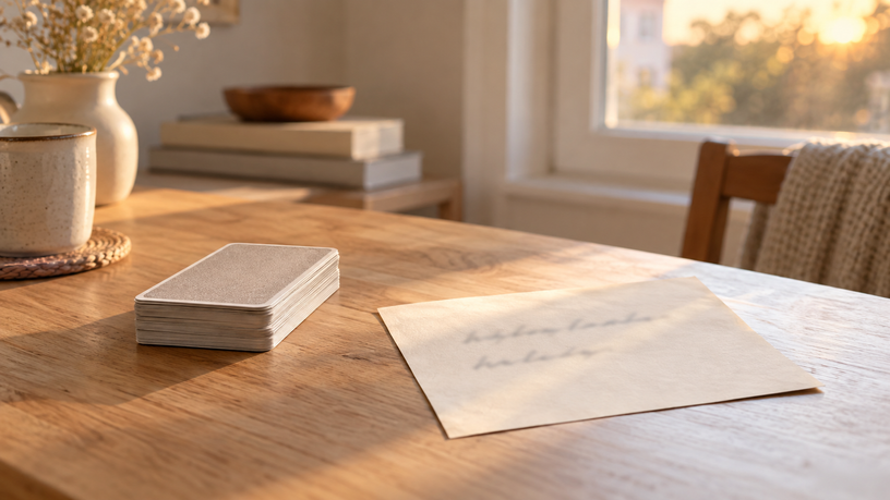 Cartes et feuille posées sur une table en bois clair — comprendre ma pratique