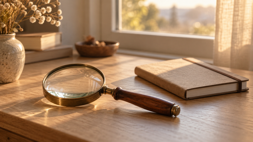 Loupe ancienne posée près d'une fenêtre — voyance sérieuse et SIRET