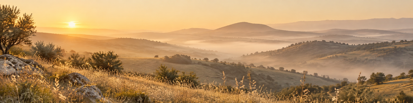 Collines au petit matin, premier plan net et fond dans la brume