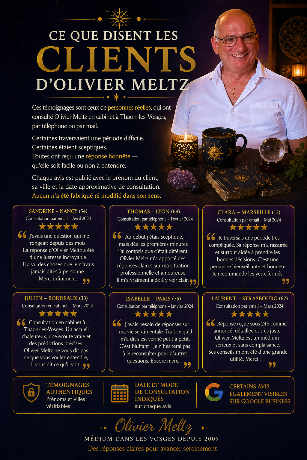 Témoignages clients – Avis authentiques sur Olivier Meltz, médium à Épinal