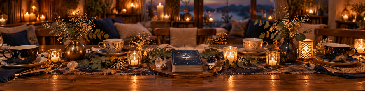 Table de thé au crépuscule avec des cartes d'oracle