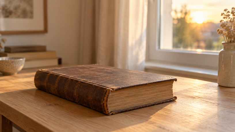 Livre ancien relié posé sur une table près d'une fenêtre