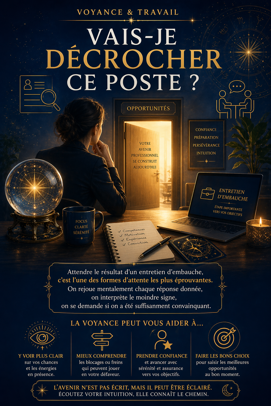 Médium percevant les chances de décrocher un emploi lors d'une consultation de voyance professionnelle
