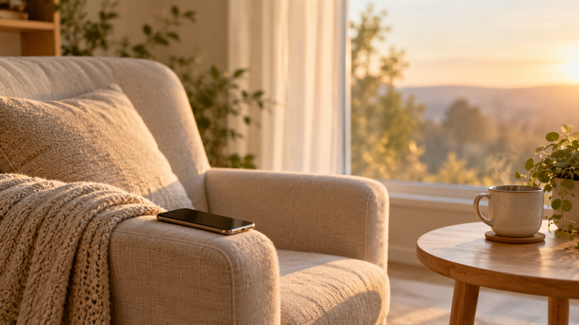 Fauteuil près d'une fenêtre avec un téléphone posé sur l'accoudoir