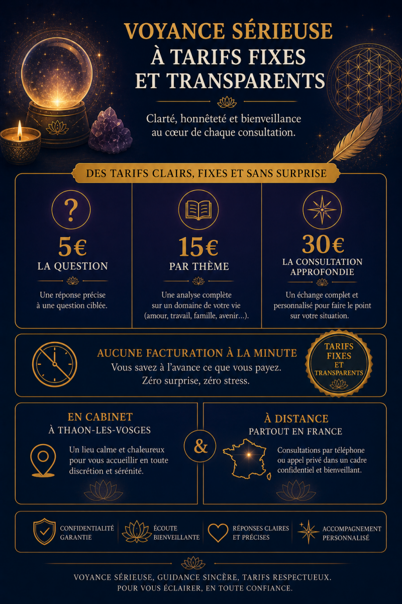 Voyance tarifs fixes transparents consultation cabinet distance France Thaon Vosges