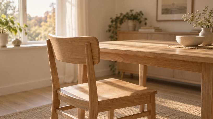 Chaise vide devant une table dans une pièce lumineuse