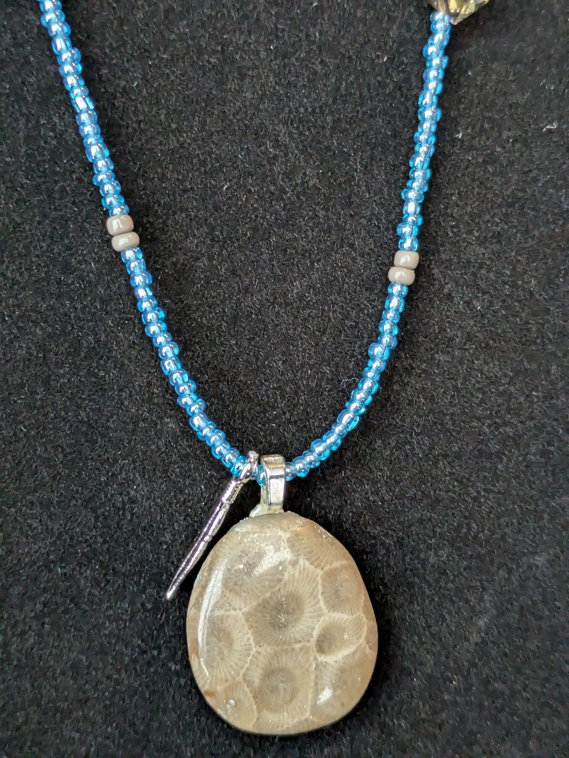Lake Michigan Blue Petoskey Stone Hand Beaded Necklace with Feather Charm